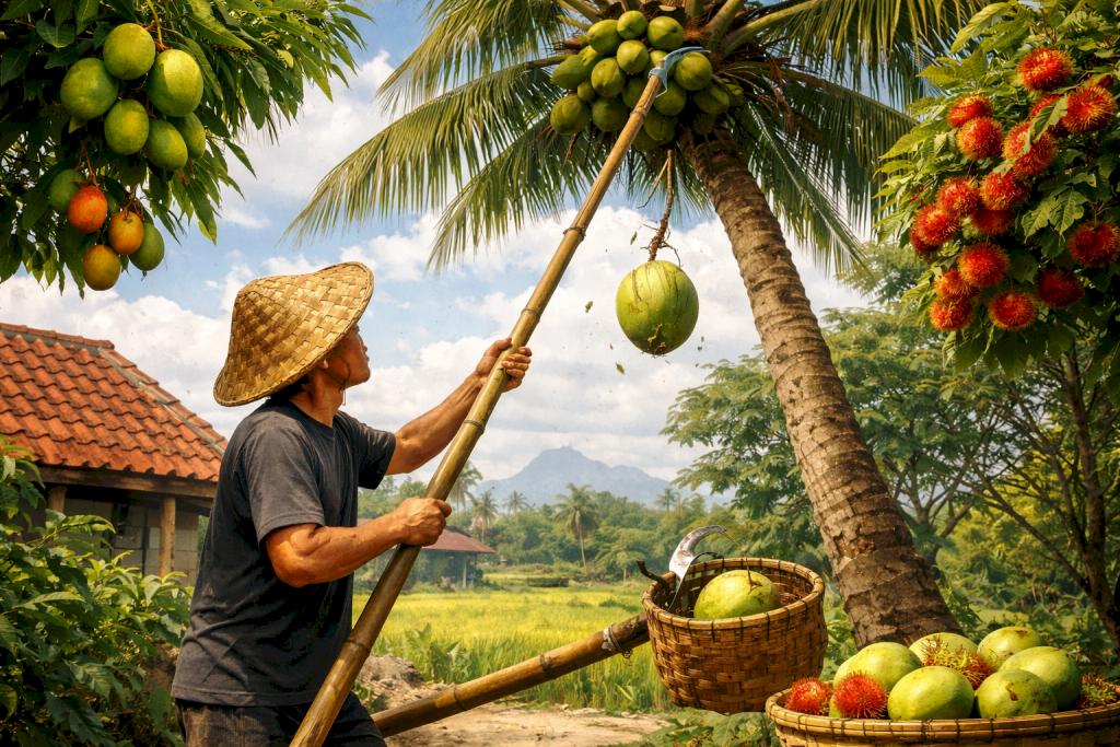 Genter, Galah Bambu Andalan Warga untuk Petik Buah di Ketinggian. Gambar : ilustrasi