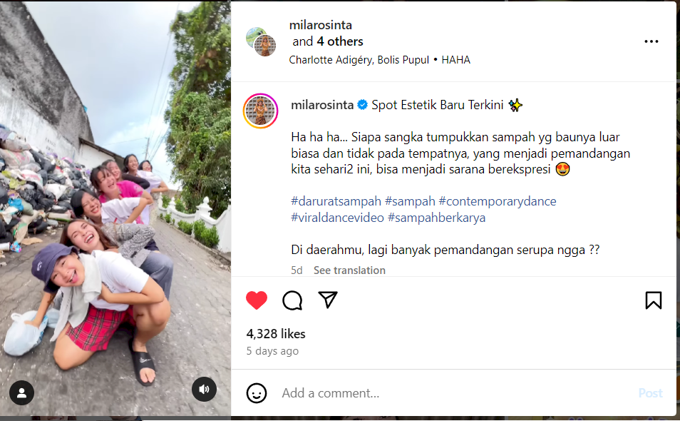 Menari di Antara Tumpukan Sampah, Pesan Kritis Darurat Sampah di Jogja. Gambar : @milarosinta